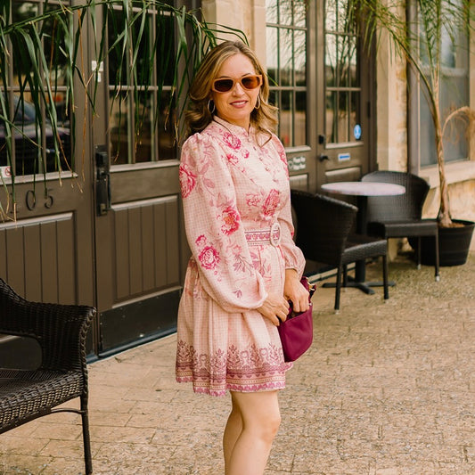 vintage inspired floral mini dress, mock neckline dress, button down floral dress, long sleeve mini dress, belted floral dress, a-line floral dress, lightweight fall dress, chic countryside dress, romantic floral print dress, collared neck mini dress, cozy fall floral outfit, timeless floral dress for women