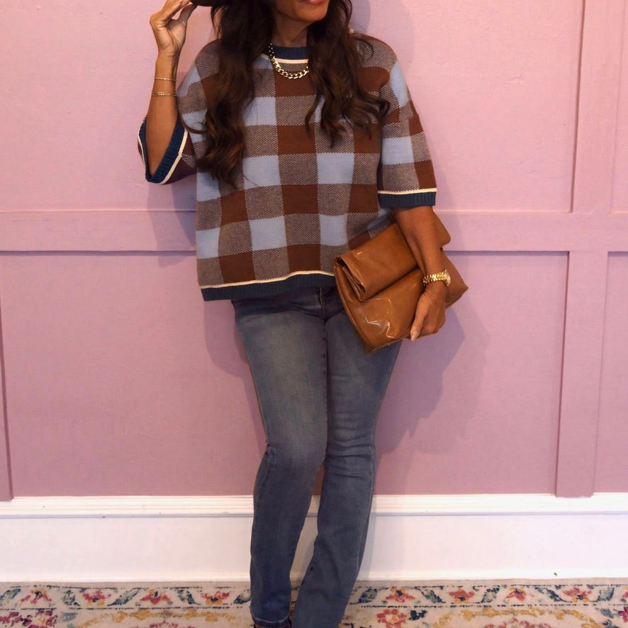 The Cozy Cabin Gingham Drop Shoulder Sweater