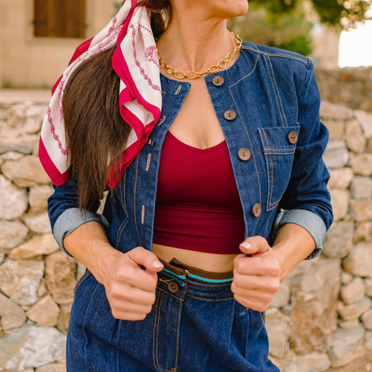 cropped denim jacket, dark wash denim jacket, women’s denim jacket, button down jean jacket, boutique denim jacket, classic jean jacket, casual denim jacket, fall layering piece, 100% cotton denim, dark wash cropped jacket, trendy denim outfit, matching denim set, timeless jean jacket, everyday denim outerwear, round neck denim jacket, long sleeve denim jacket, stylish denim jacket for women