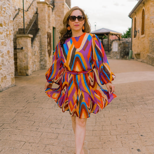 fall mini dress, multicolor mini dress, long sleeve dress, smocked cuff dress, elastic waist dress, tie waist dress, round neck dress, metallic detail dress, woven fabric dress, fall outfit, autumn dress, party mini dress, date night dress, boutique dress, lightweight mini dress, flattering silhouette dress, colorful fall dress, trendy mini dress, feminine fall style