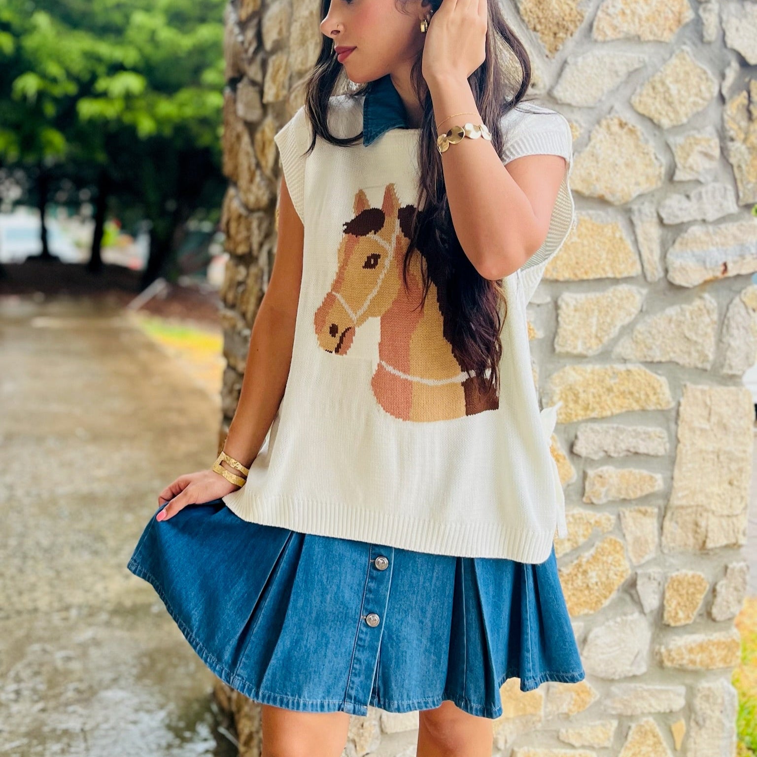 horse graphic sweater, western sweater top, oversized knit top, sleeveless sweater, tie detail sweater, side slit top, casual western sweater, lightweight knit top, acrylic sweater for women, boutique western fashion, horse lover top, trendy graphic sweater, chic oversized sweater, versatile summer knit, layered sweater top, western inspired clothing, statement knit top, stylish sleeveless sweater, casual boutique top, western chic sweater, fun graphic top, unique horse sweater, fall layering sweater