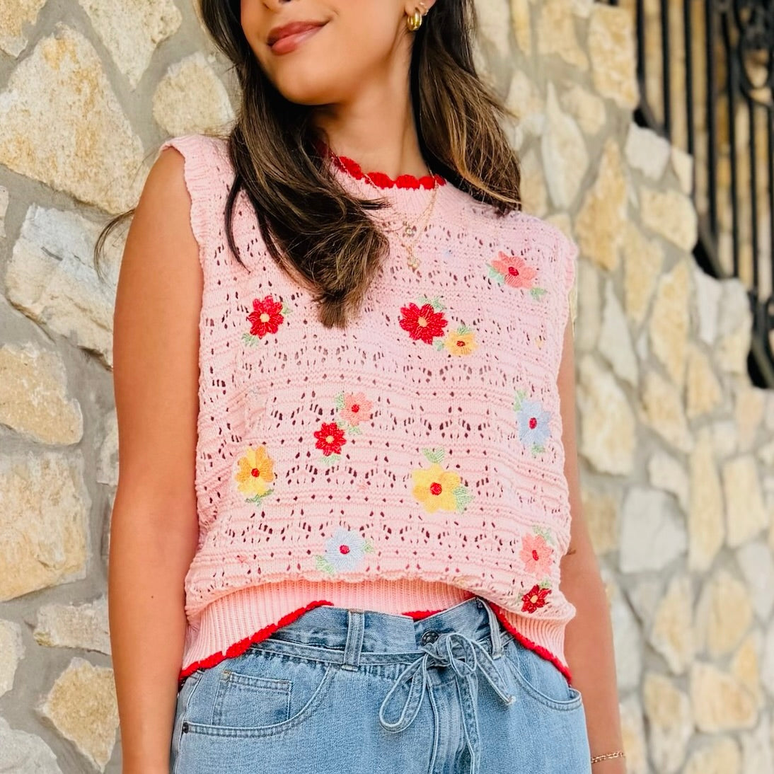 Picking Petals Floral Crochet Knit Sleeveless Top