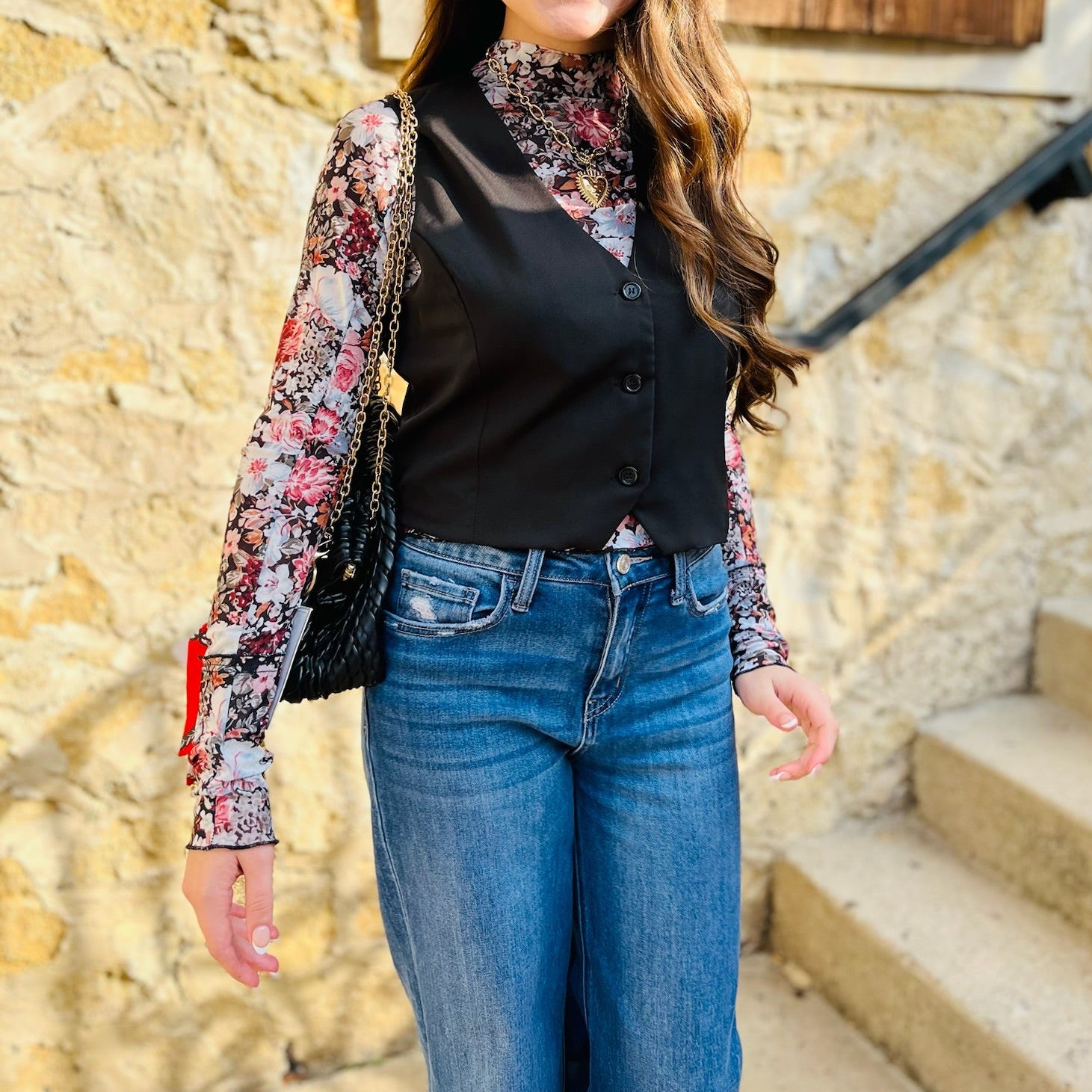 floral print top, fall florals, fall floral top, black floral top, black floral mock neck top, high neck top, ruffled cuff top, fall photos, layering top, fall top, concert top, country concert top, top with thumbholes, thumbhole sleeves top, black floral print top, semi sheer top