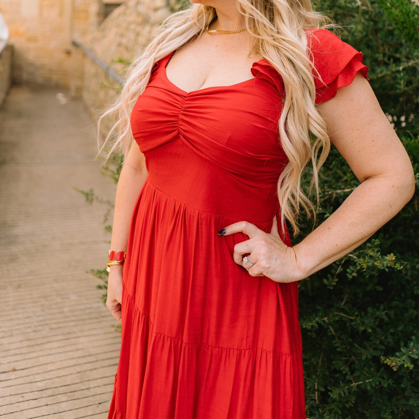 red maxi dress, summer to fall dress, texas boutique dress, elegant red dress, tiered maxi dress, cinched front dress, woven maxi, layered sleeve dress, statement red dress, dressy red maxi, fall transition outfit, wedding guest dress, date night maxi, boutique red dress, flowy red dress, feminine maxi dress, ankle length red dress, trendy boutique maxi, lightweight fall dress