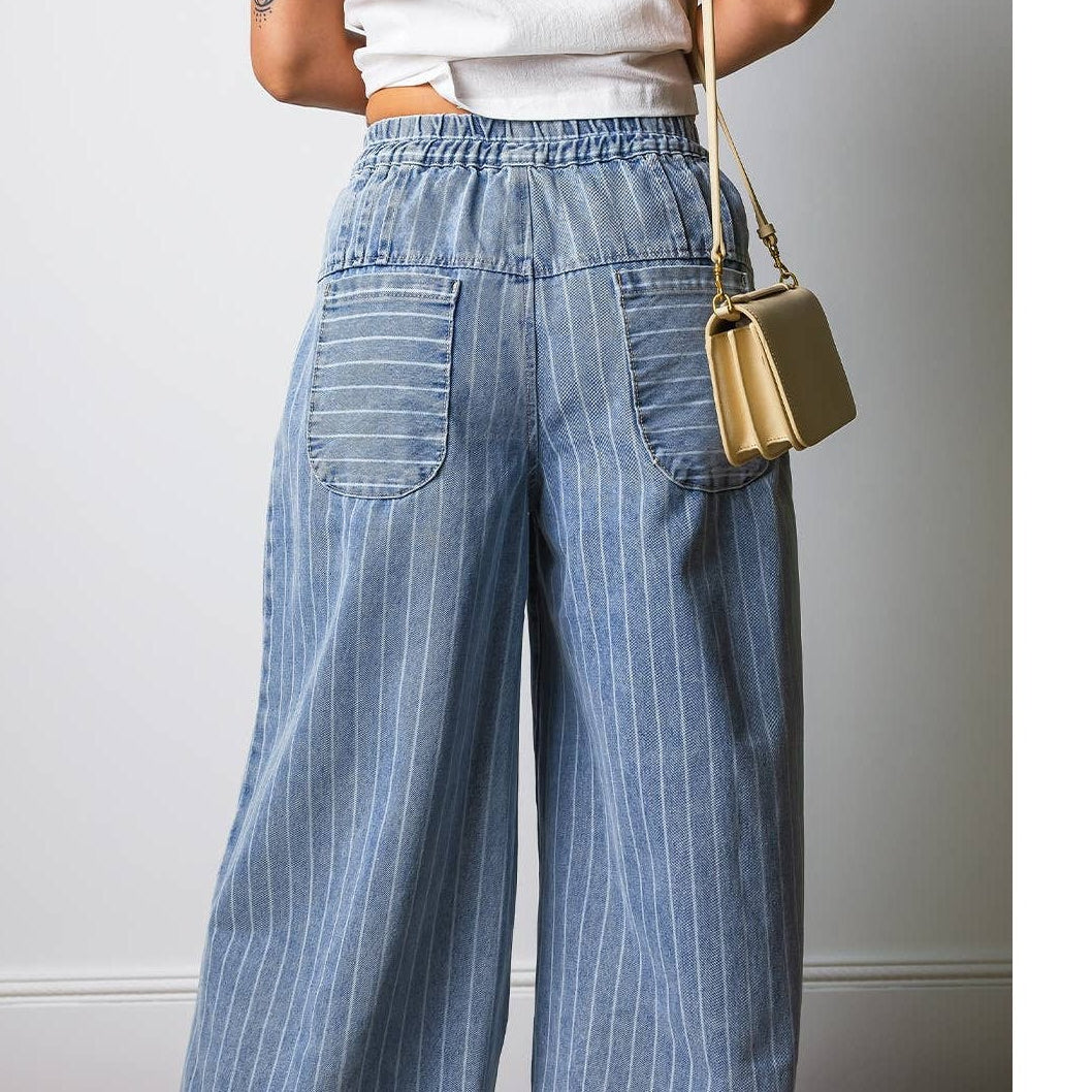 The Hamptons Stripe Button Pleated Drawstring Wide Leg Jeans