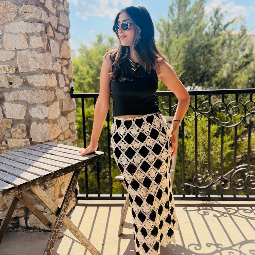 Monaco Mosaic Diamond Floral Crochet Midi Skirt