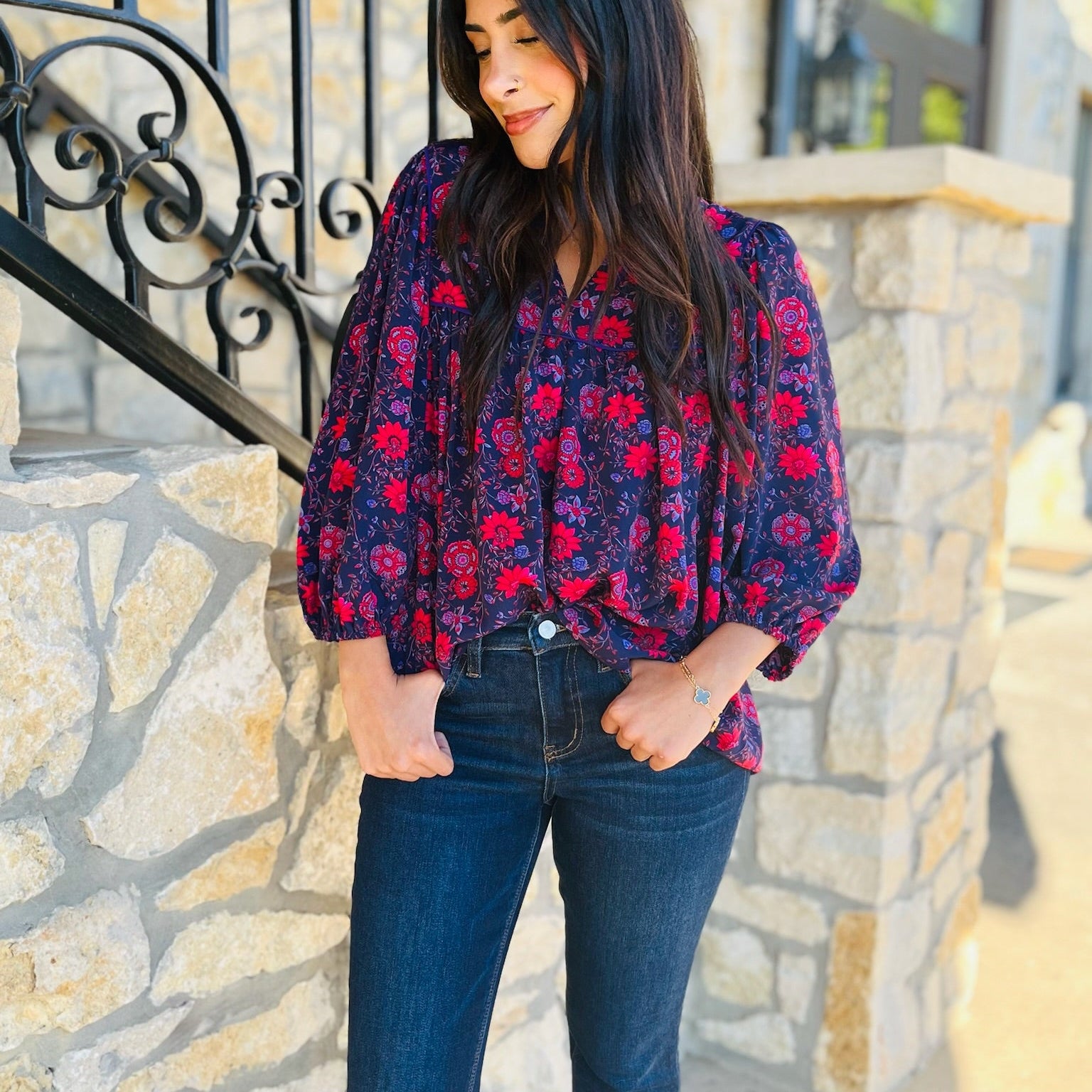 navy floral blouse, fall floral top, red and navy blouse, long sleeve floral blouse, flowy sleeve top, hi-lo blouse, feminine floral blouse, romantic blouse, boho chic floral top, lightweight fall blouse, printed blouse for women, dressy floral blouse, trendy fall top, work to weekend blouse, navy red floral print top