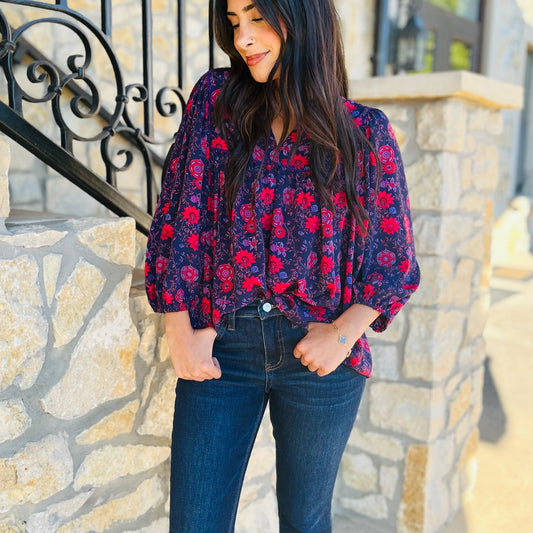 navy floral blouse, fall floral top, red and navy blouse, long sleeve floral blouse, flowy sleeve top, hi-lo blouse, feminine floral blouse, romantic blouse, boho chic floral top, lightweight fall blouse, printed blouse for women, dressy floral blouse, trendy fall top, work to weekend blouse, navy red floral print top