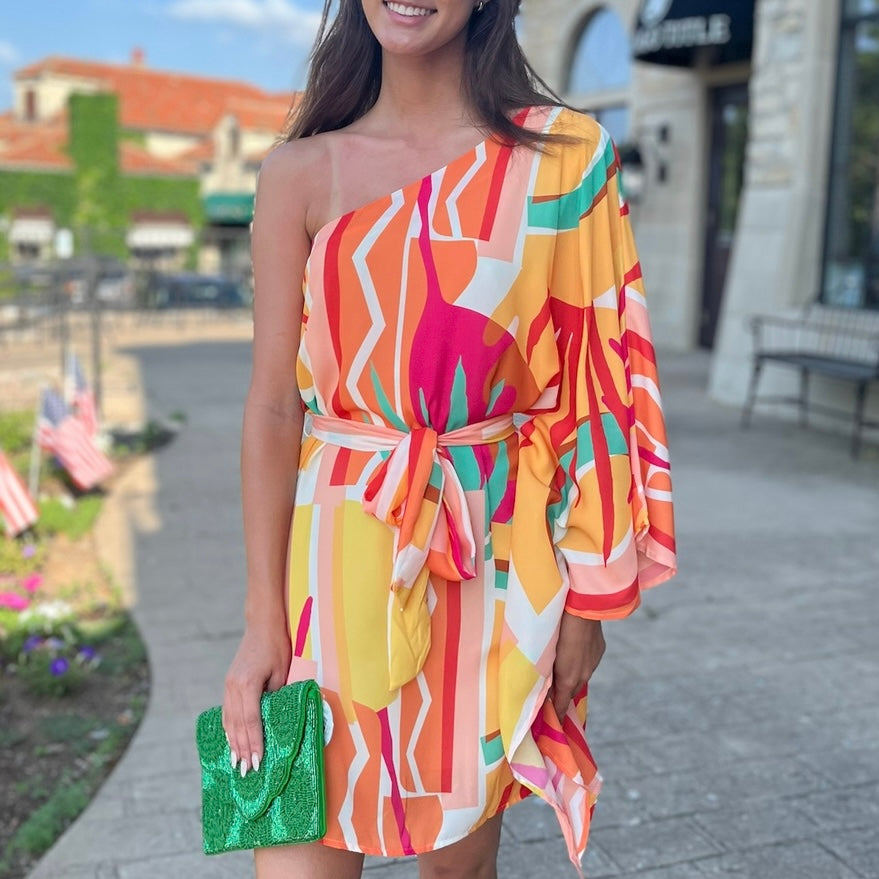 Maui One Shoulder Printed Kaftan Mini Dress Pink & Orange / L