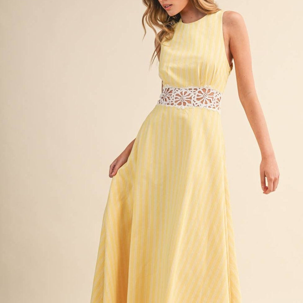 Graceful Romance Striped Lace Trim Open Back Midi Dress