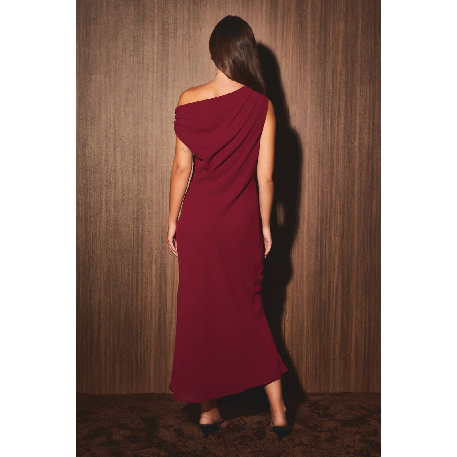 The Adele Draped Asymmetrical Midi Dress