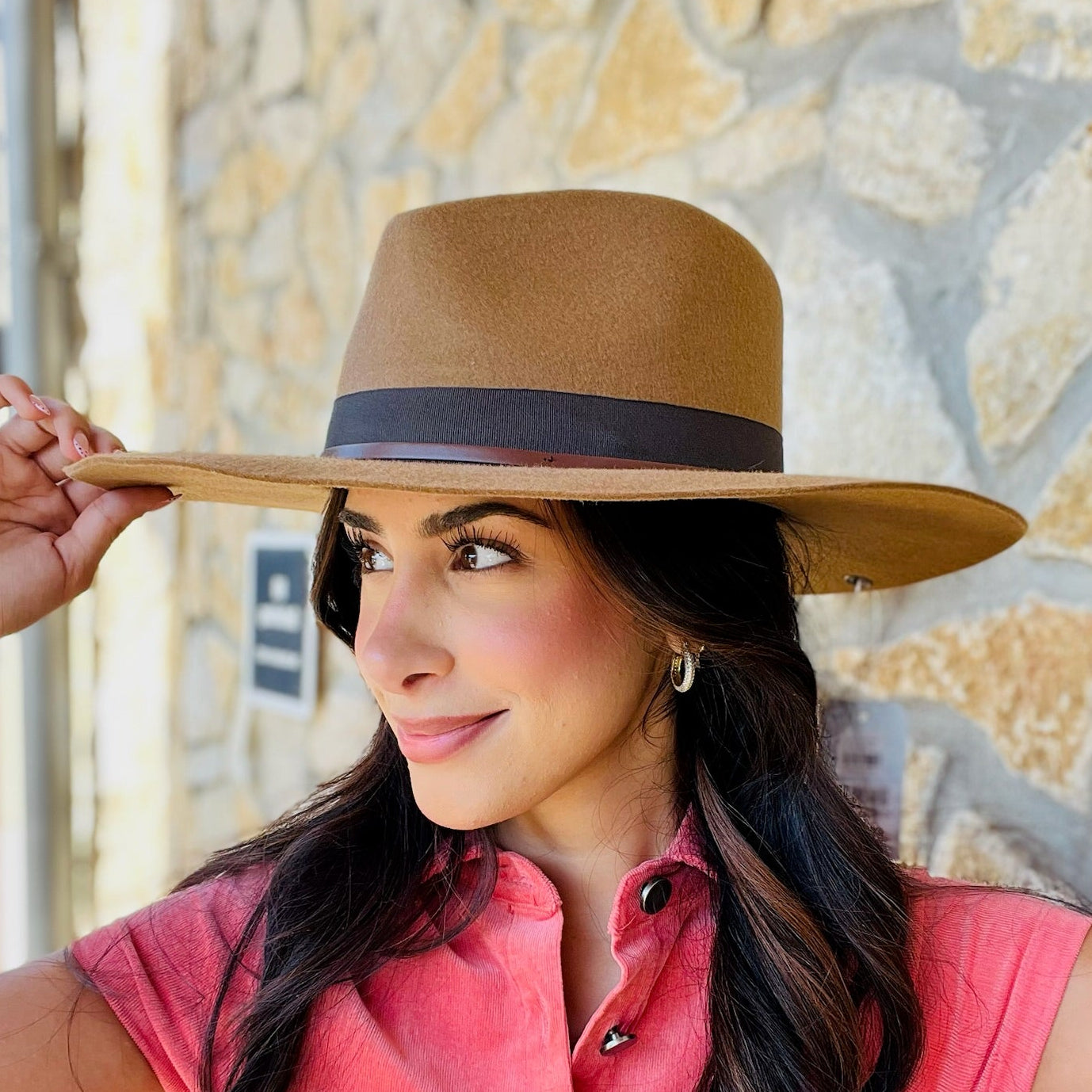 wide brim wool hat, western felt hat, boho chic hat, fall winter hat, stiff brim hat, triangle crown hat, custom band hat, cowgirl style hat, boutique wool hat, concert hat, game day hat, bohemian western hat, neutral wool hat, trendy fall accessories, statement hat for women, boho fall fashion, rancher hat, holiday outfit accessory, elevated everyday hat