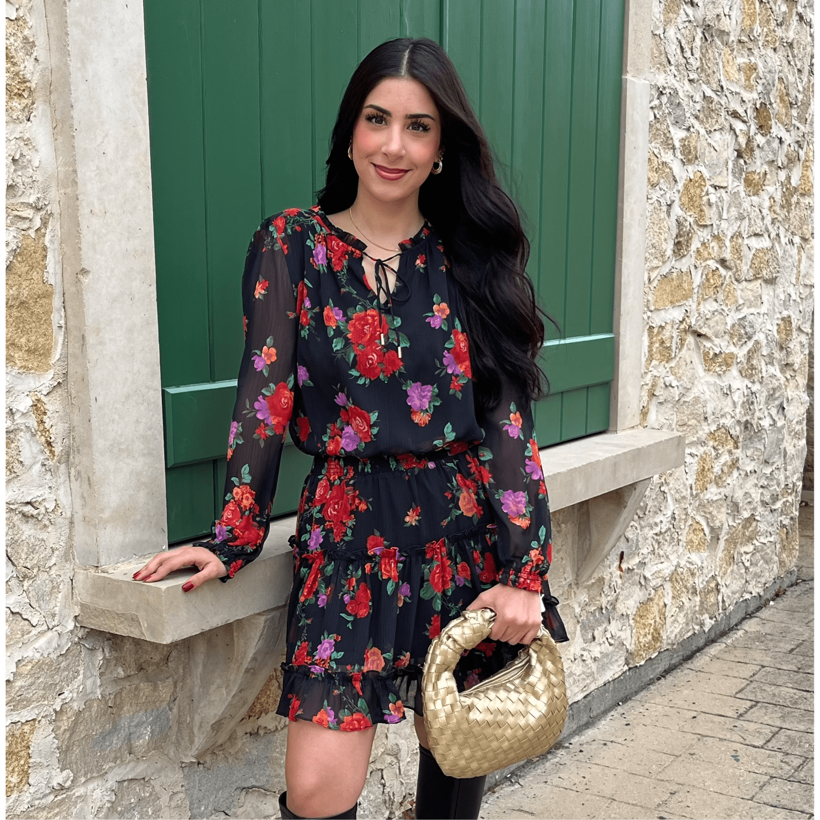 floral print dress, black floral dress, ruffle tiered dress, long sleeve floral mini dress, semi sheer sleeves dress, v notch neckline dress, tie neck dress, fall wedding guest outfit, shower and party dress, boutique floral outfit, feminine floral style, romantic ruffle dress, layered tiered mini dress, floral chiffon dress, lined lightweight dress, multicolor floral pattern, floral dress for events, dinner date outfit, cute boutique dress, black background floral print, boho chic floral dress, fall event 