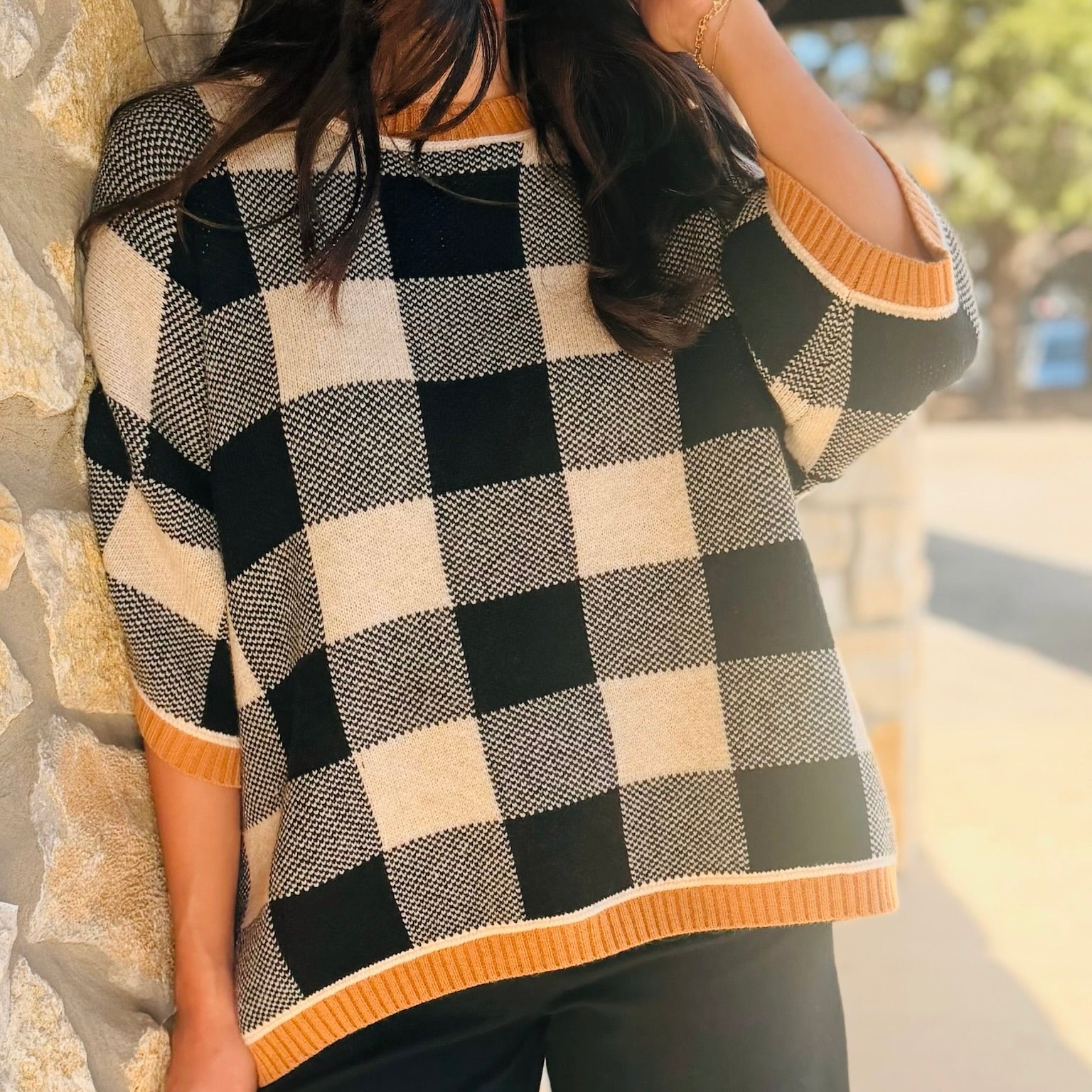 The Cozy Cabin Gingham Drop Shoulder Sweater