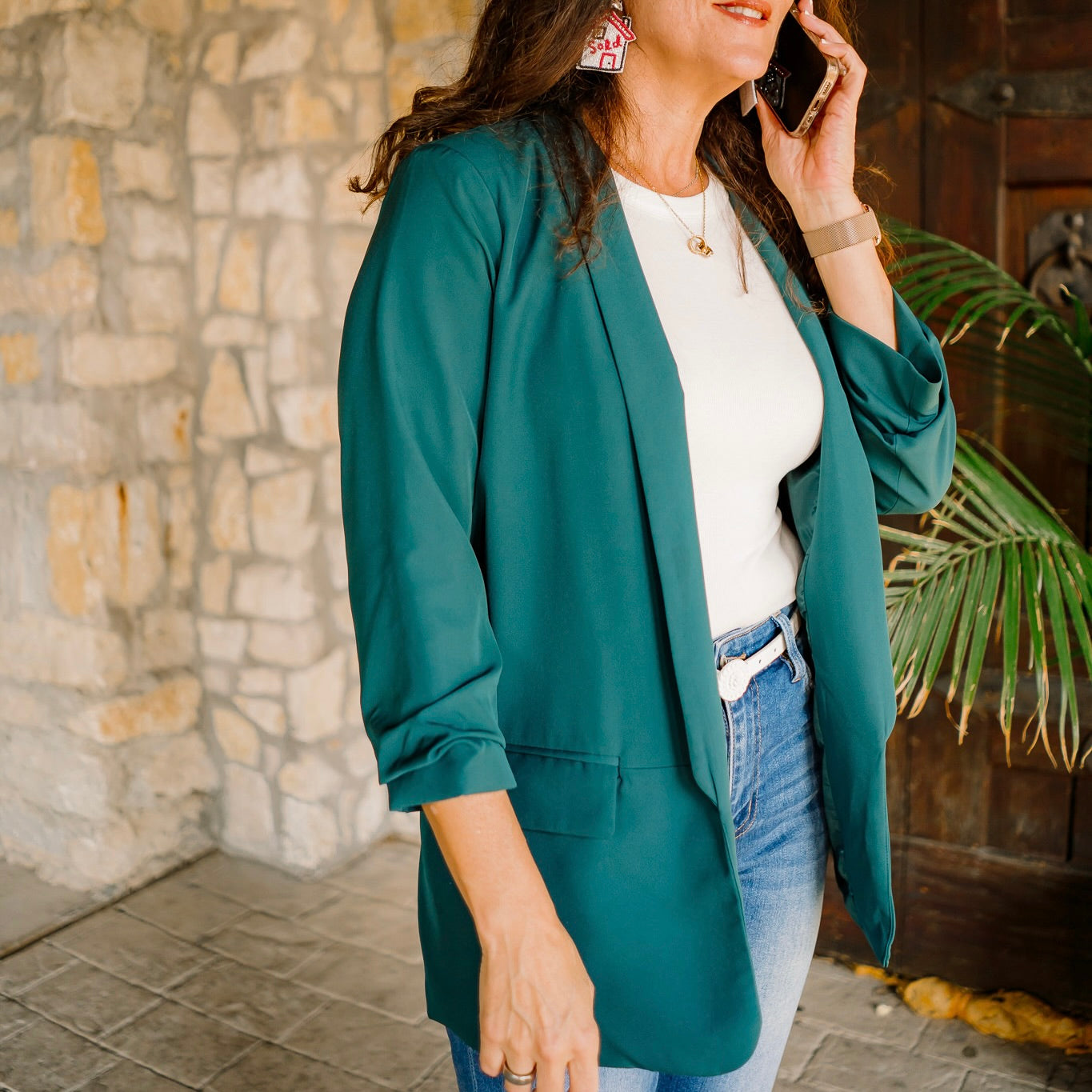 relaxed fit blazer, ruched sleeve blazer, 3/4 sleeve blazer, shoulder pad blazer, dropped shawl collar blazer, flap pocket blazer, versatile women’s blazer, office blazer, dressy casual blazer, polished workwear blazer, boutique blazer, structured yet relaxed blazer, chic everyday blazer, stylish layering blazer, solid color blazer, professional women’s blazer, date night blazer, hand wash blazer, timeless wardrobe blazer, sophisticated blazer for women, forest green blazer, fuchsia blazer, white blazer