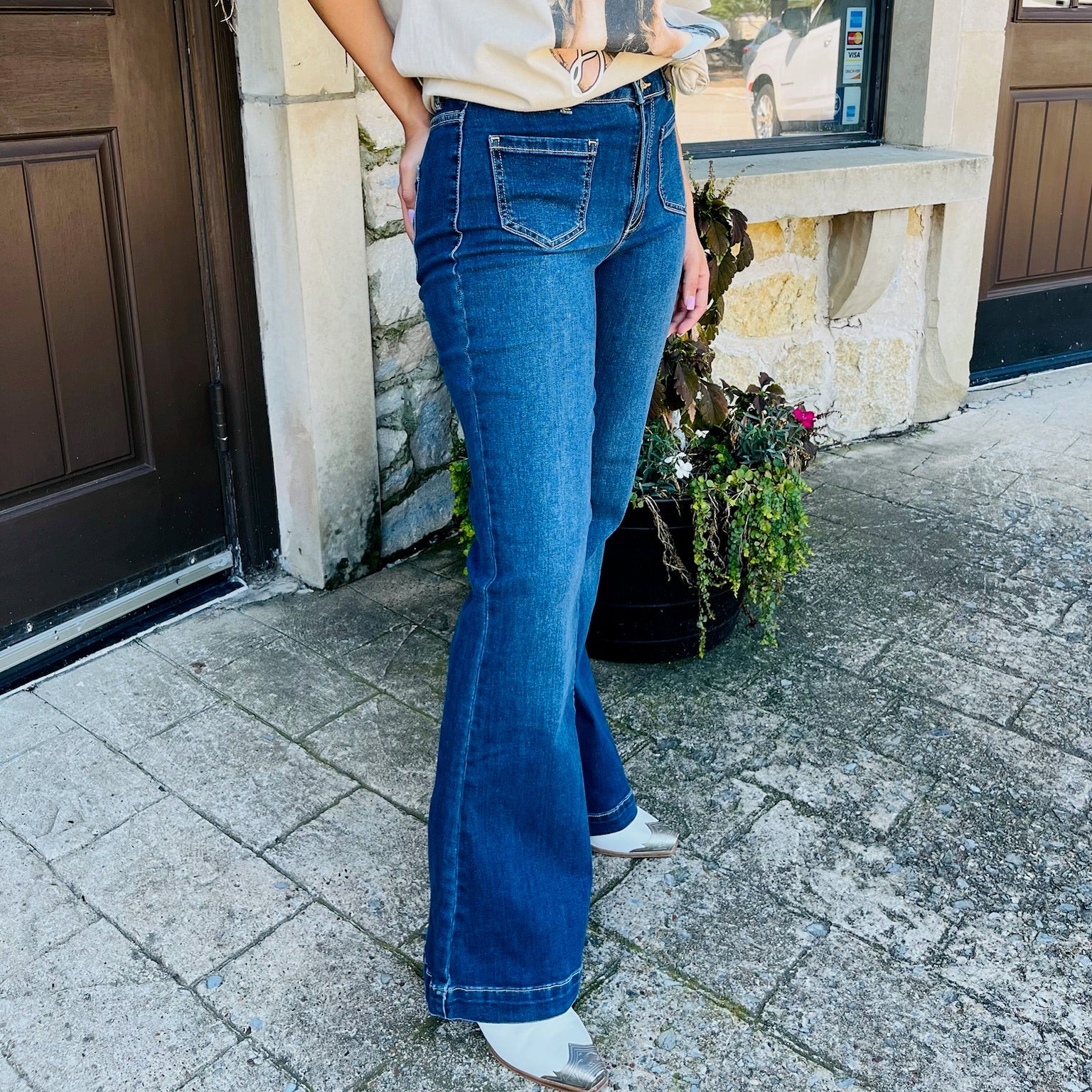 Sneak Peek flare jeans, dark wash flare jeans, mid rise flare denim, clean no distressing jeans, double button closure jeans, comfort stretch flare jeans, women’s dark wash denim, classic flare jeans for fall, versatile flare jeans, polished dark denim pants, transitional denim flare jeans, SP-P12474DK