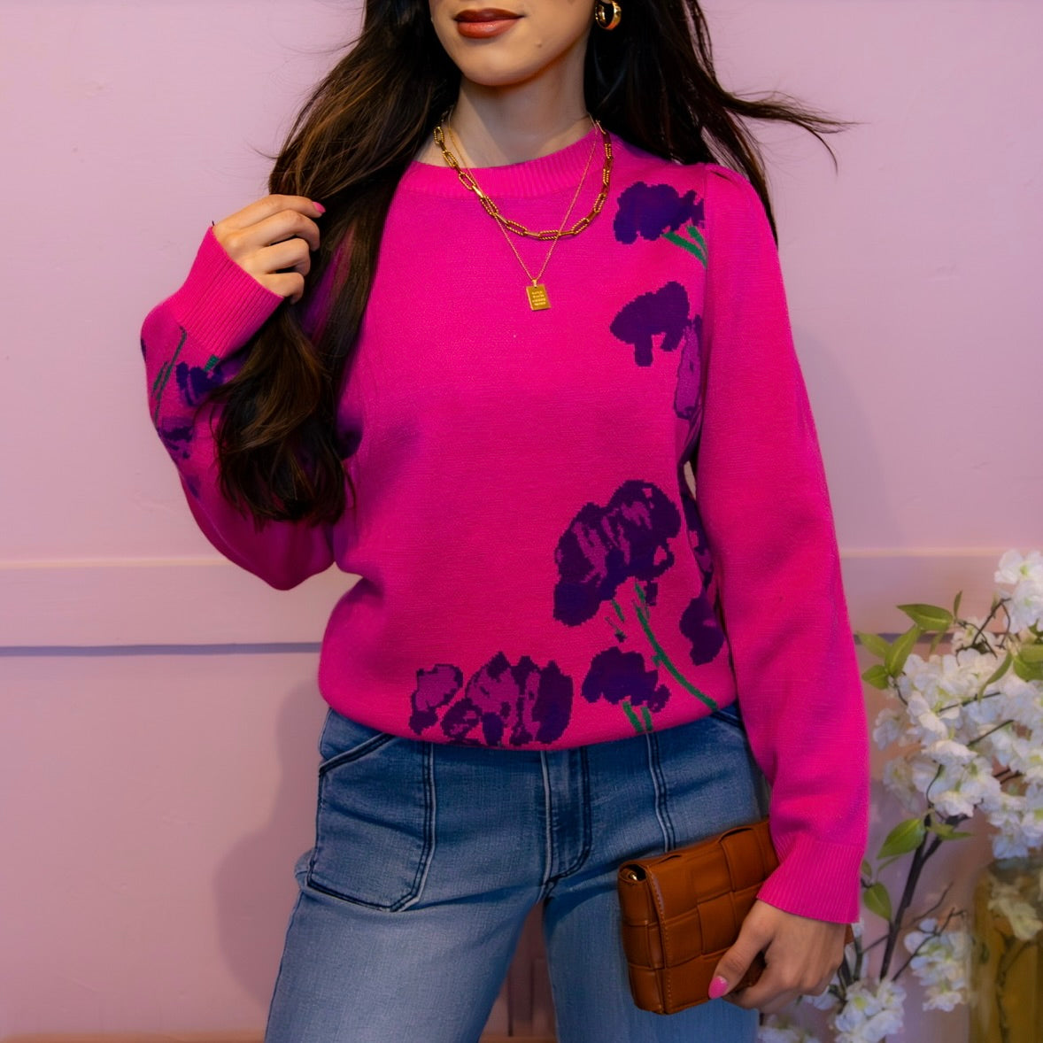 Natalia Fuchsia Floral Long Sleeve Sweater