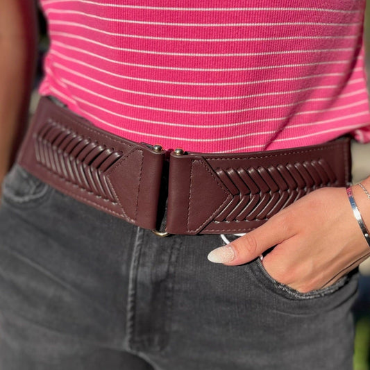 boho western belt, fishtail pattern belt, elastic stretch belt, adjustable waist belt, U hook clasp belt, black boho belt, tan boho belt, brown boho belt, western chic belt, boho outfit accessory, trendy stretch belt, casual dress belt, festival style belt, versatile boho belt, stylish western belt