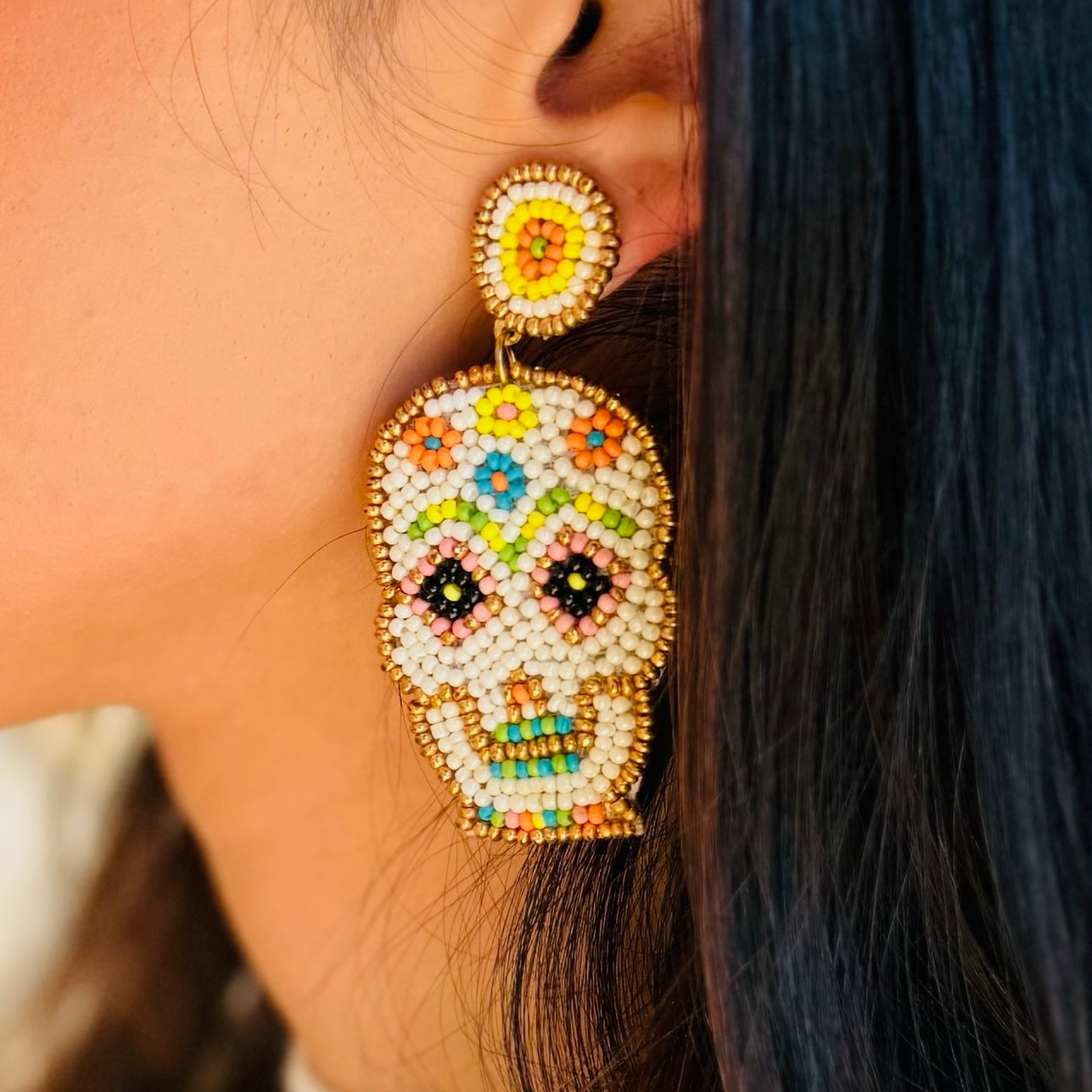 Puebla Fiesta Skull Beaded Earrings