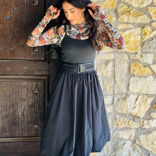 little grey dress, grey midi dress, bubble skirt dress, grey bubble midi dress, mixed media dress, knit bodice dress, spaghetti strap midi dress, sleeveless grey dress, dark grey dress, dress with side pockets, adjustable strap dress, casual to dressy dress, versatile midi dress, knit and taffeta dress, grey dress with pockets, chic grey midi dress, transitional grey dress, dress up or down, grey brunch dress, grey game day dress, modern grey dress, grey evening dress, textured skirt midi dress