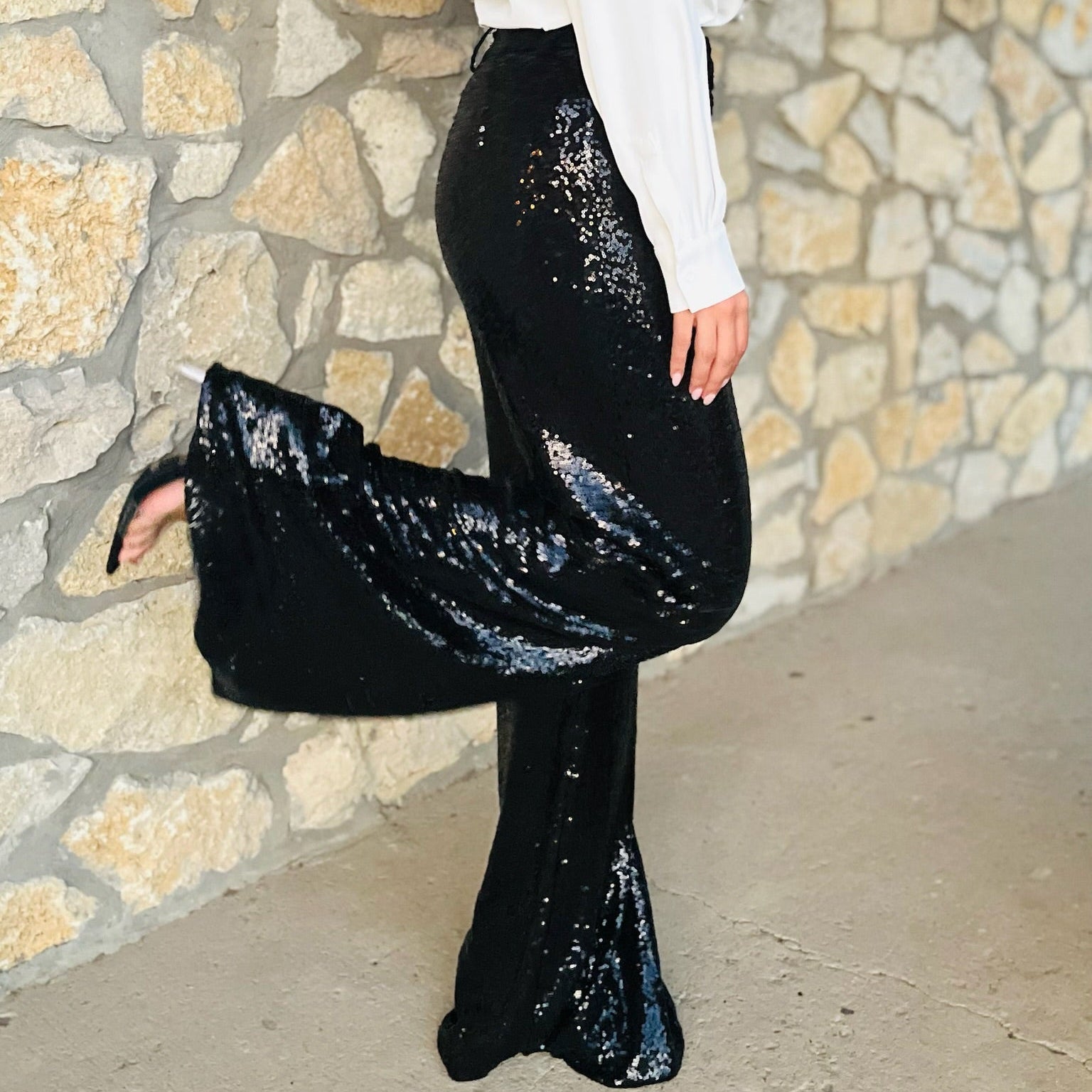 black sequin pants, sequin wide leg pants, full sequin trousers, black sparkle pants, holiday sequin pants, evening wear pants, party outfit pants, glam statement pants, high shine pants, zipper front sequin pants, lined sequin pants, dressy black pants, new year’s eve outfit, women’s sequin bottoms, wide fit sequin trousers, formal sparkle pants, winter event outfit, chic sequin look, bold holiday fashion