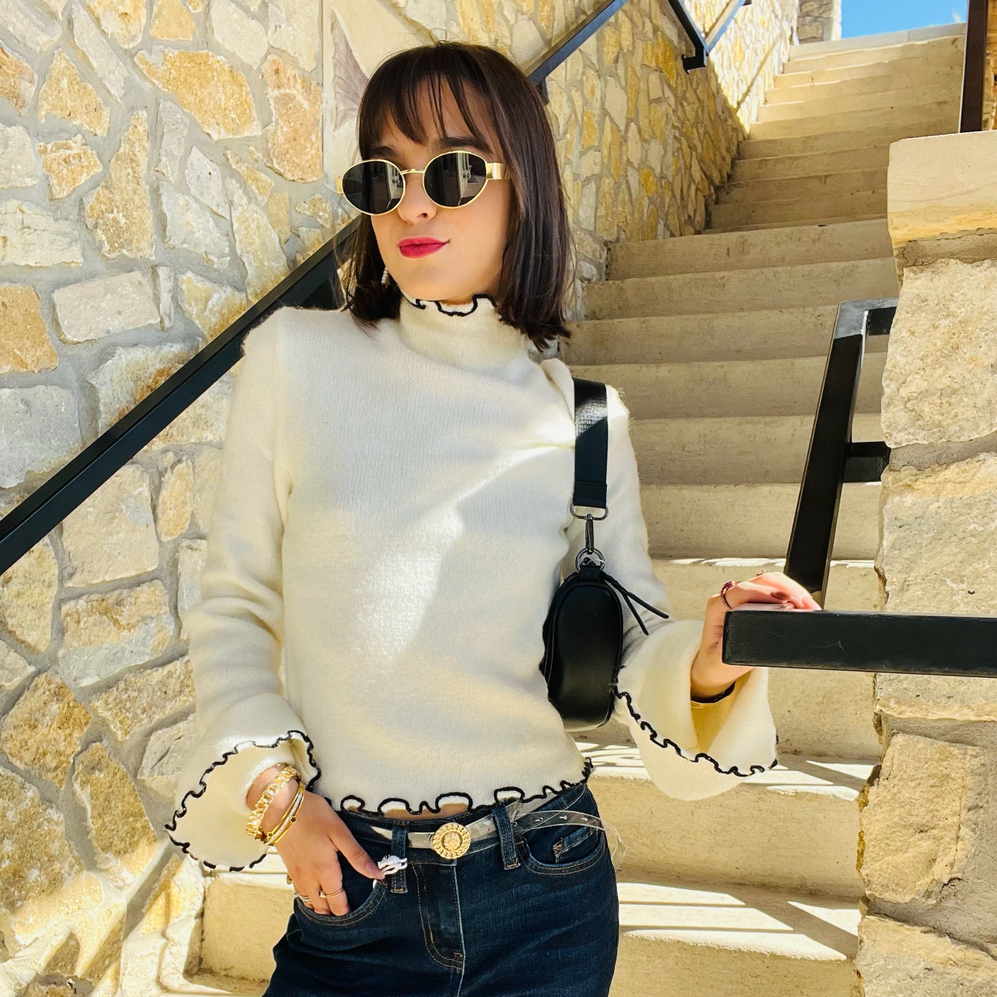 contrast turtleneck sweater, mock neck sweater, contrast stitch sweater, flare sleeve sweater, slim fit knit top, trendy fall sweater, cozy knit mock neck, boutique fall fashion, chic neutral sweater, stylish knit top, elevated basic sweater, modern classic knit, color contrast pullover, women’s fall style, polished fall outfit, sweater with flare sleeves, fall layering top, contrast detail knit, fall wardrobe staple, office to weekend sweater, cozy chic top, minimalist sweater, black and white sweater