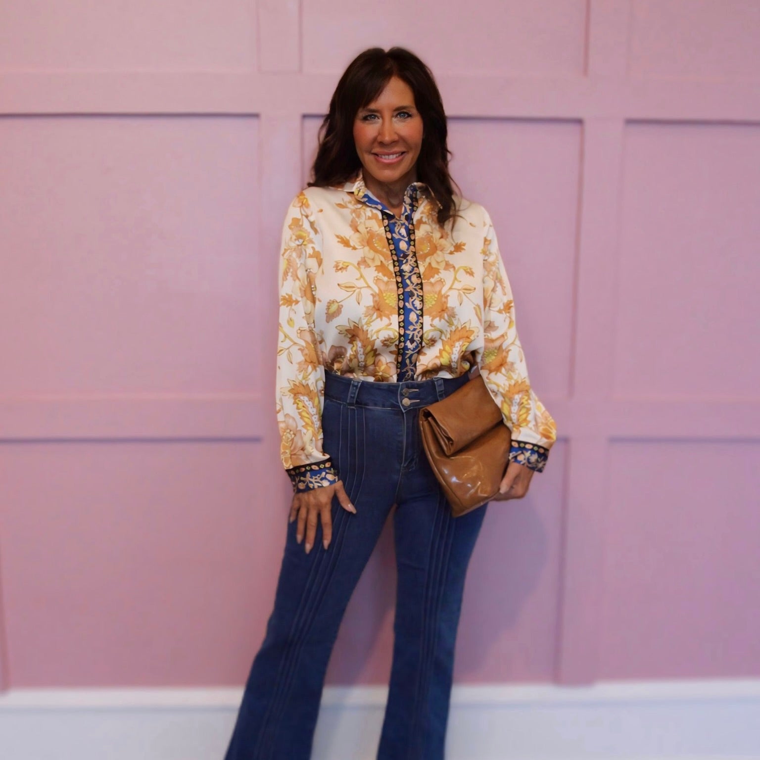 Cafe Fleur Luxe Polished Printed Button Down Blouse