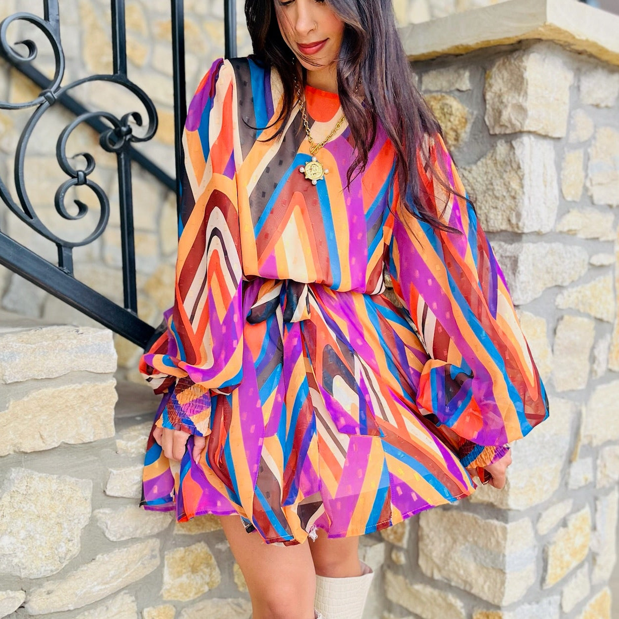 fall mini dress, multicolor mini dress, long sleeve dress, smocked cuff dress, elastic waist dress, tie waist dress, round neck dress, metallic detail dress, woven fabric dress, fall outfit, autumn dress, party mini dress, date night dress, boutique dress, lightweight mini dress, flattering silhouette dress, colorful fall dress, trendy mini dress, feminine fall style