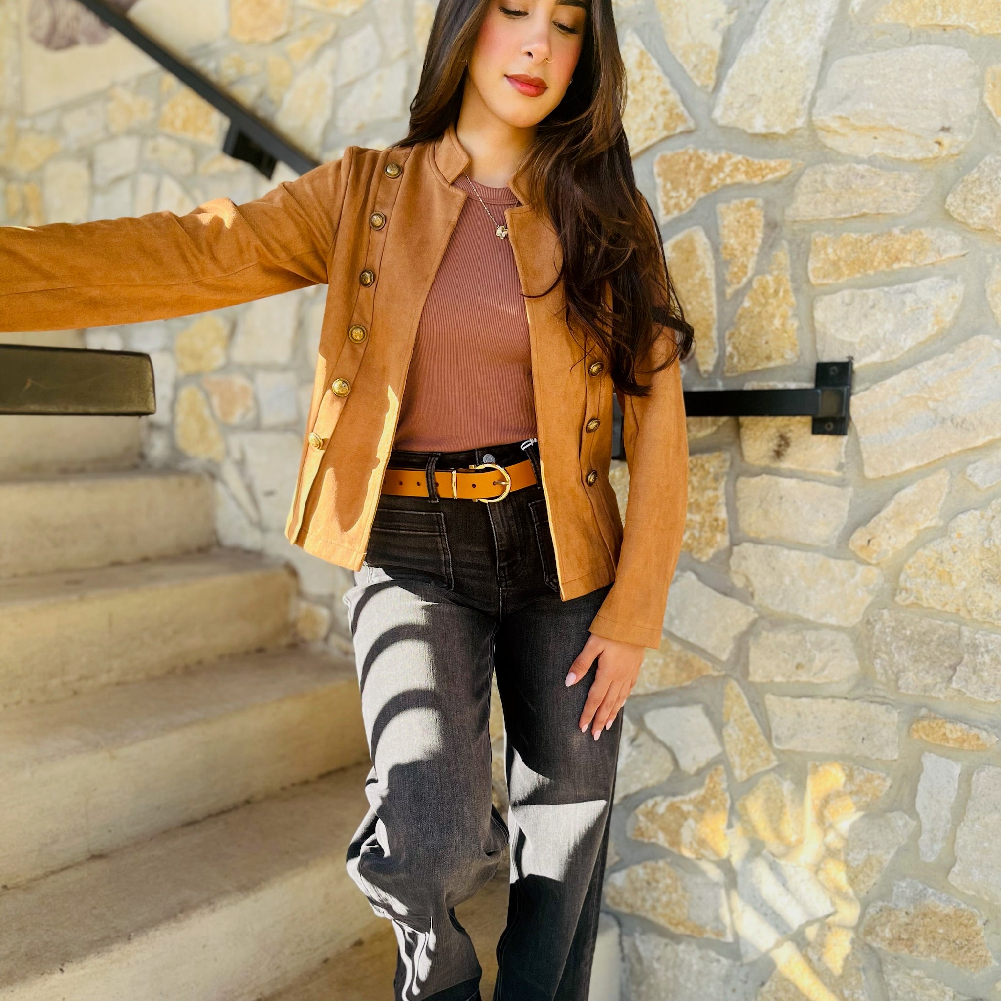 vintage suede jacket, deerskin jacket, faux deerskin jacket, suede mock neck jacket, single breasted jacket, button detail jacket, structured collar jacket, long sleeve suede jacket, vintage inspired outerwear, fall suede jacket, chic suede jacket, soft touch suede jacket, timeless statement jacket, elevated outerwear, boutique suede jacket, women’s suede jacket, classic neutral jacket, minimalist layering jacket, refined fall jacket