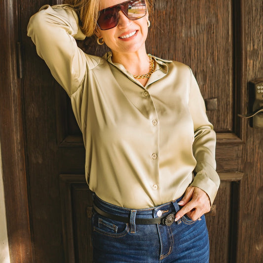 satin blouse, silky button up top, classic collared blouse, long sleeve satin shirt, relaxed fit blouse, polished work blouse, date night top, chic satin button down, versatile wardrobe staple, timeless satin blouse, soft silky feel blouse, solid color satin top, elevated everyday blouse, office to evening top, best selling satin blouse, smooth satin shirt, recycled polyester blouse, sophisticated satin top, dressy casual blouse, effortless chic satin blouse