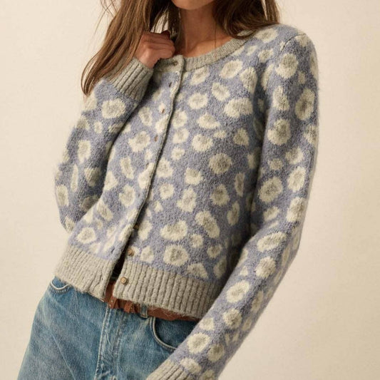 leopard knit cardigan, cropped leopard cardigan, animal print cardigan, button front leopard sweater, round neck leopard cardigan, fuzzy leopard cardigan, knit animal print sweater, fall cardigan outfit, edgy cardigan style, leopard print knitwear, cropped animal print sweater, grey leopard cardigan, classic leopard cardigan, soft knit cardigan, cozy leopard sweater, long sleeve leopard cardigan, trendy fall cardigan, bold patterned cardigan, relaxed fit cardigan, chic leopard print sweater, versatile layer