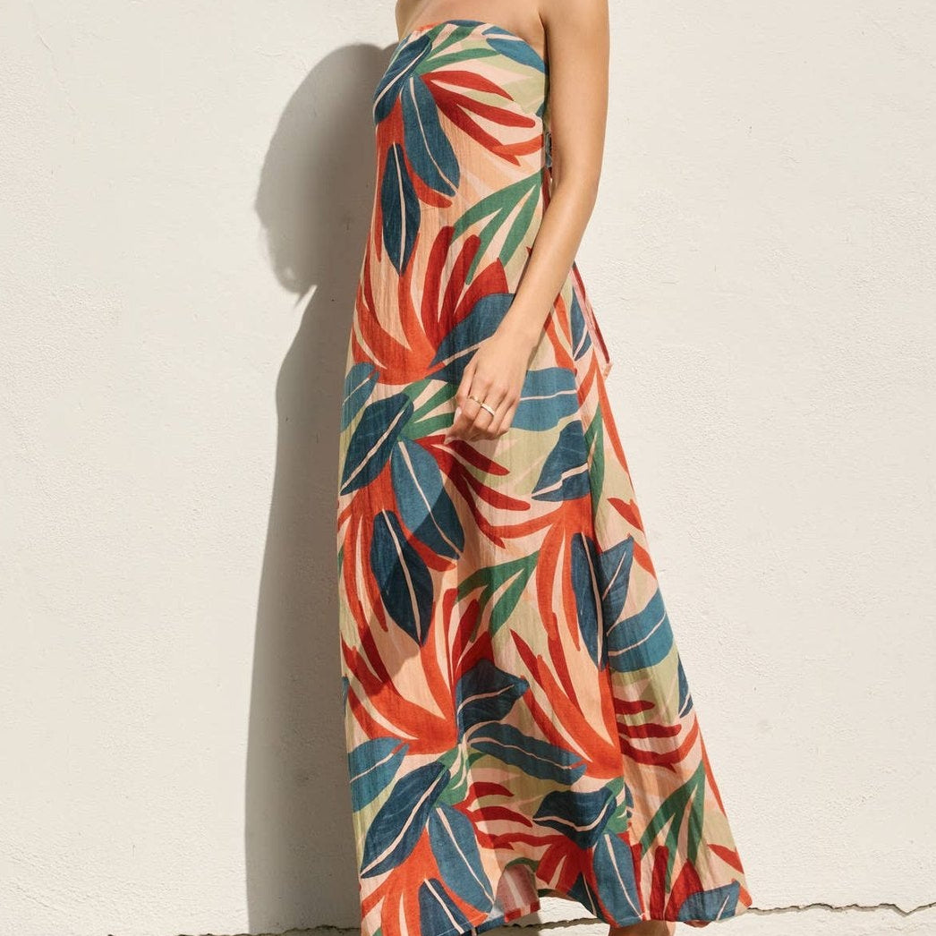 Lagoon Daze Palm Print Strapless Maxi Dress