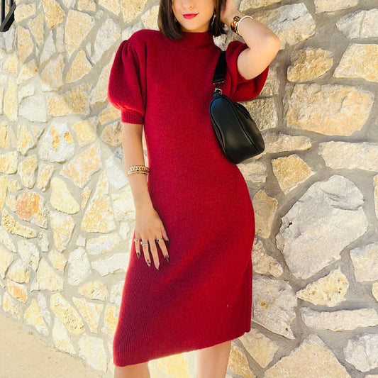 burgundy sweater dress, mock neck sweater dress, puff sleeve sweater dress, fall mini dress, knit mini dress, cozy sweater dress, fall fashion dress, chic knit dress, classy fall outfit, women’s sweater dress, fitted sweater dress, long sleeve fall dress, holiday outfit idea, Thanksgiving outfit, Christmas party dress, winter date night dress, fall wedding guest dress, burgundy knit dress, fall event outfit, feminine fall style, fall wardrobe essential, autumn mini dress, ribbed knit dress