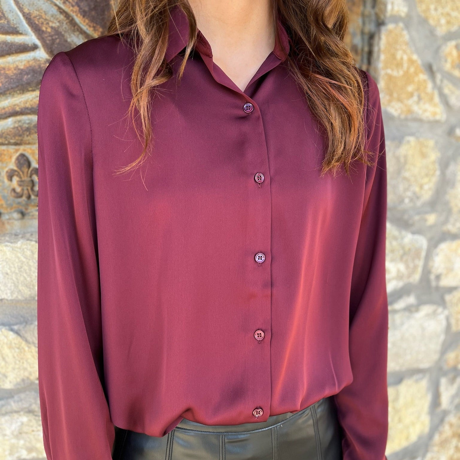 satin blouse, silky button up top, classic collared blouse, long sleeve satin shirt, relaxed fit blouse, polished work blouse, date night top, chic satin button down, versatile wardrobe staple, timeless satin blouse, soft silky feel blouse, solid color satin top, elevated everyday blouse, office to evening top, best selling satin blouse, smooth satin shirt, recycled polyester blouse, sophisticated satin top, dressy casual blouse, effortless chic satin blouse