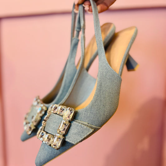 Denim Slingback Heel, Denim Slingback Heel Mckinney Texas, Denim Slingback Heels Karadise, Denim Slingback Heels Karadise Boutique, Silver Rhinestone Detailing, Silver Rhinestone Denim Slingback Heel, Formal Heels, Everyday Heels
