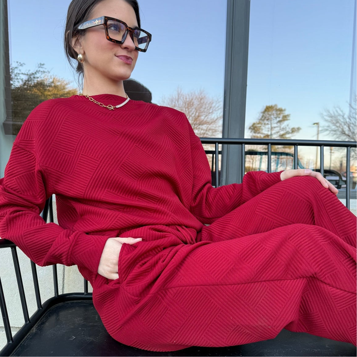 textured pullover jogger set, cozy two-piece set, quilted loungewear set, wide leg jogger set, polyester elastane set, casual chic loungewear, matching pullover and jogger, comfy home outfit, trendy loungewear, boutique lounge set, warm loungewear outfit, relaxed fit pullover set, everyday cozy set, stylish homewear, soft quilted loungewear, versatile pullover jogger, effortless chic loungewear, all-day comfort outfit, casual athleisure set, fashion-forward lounge set