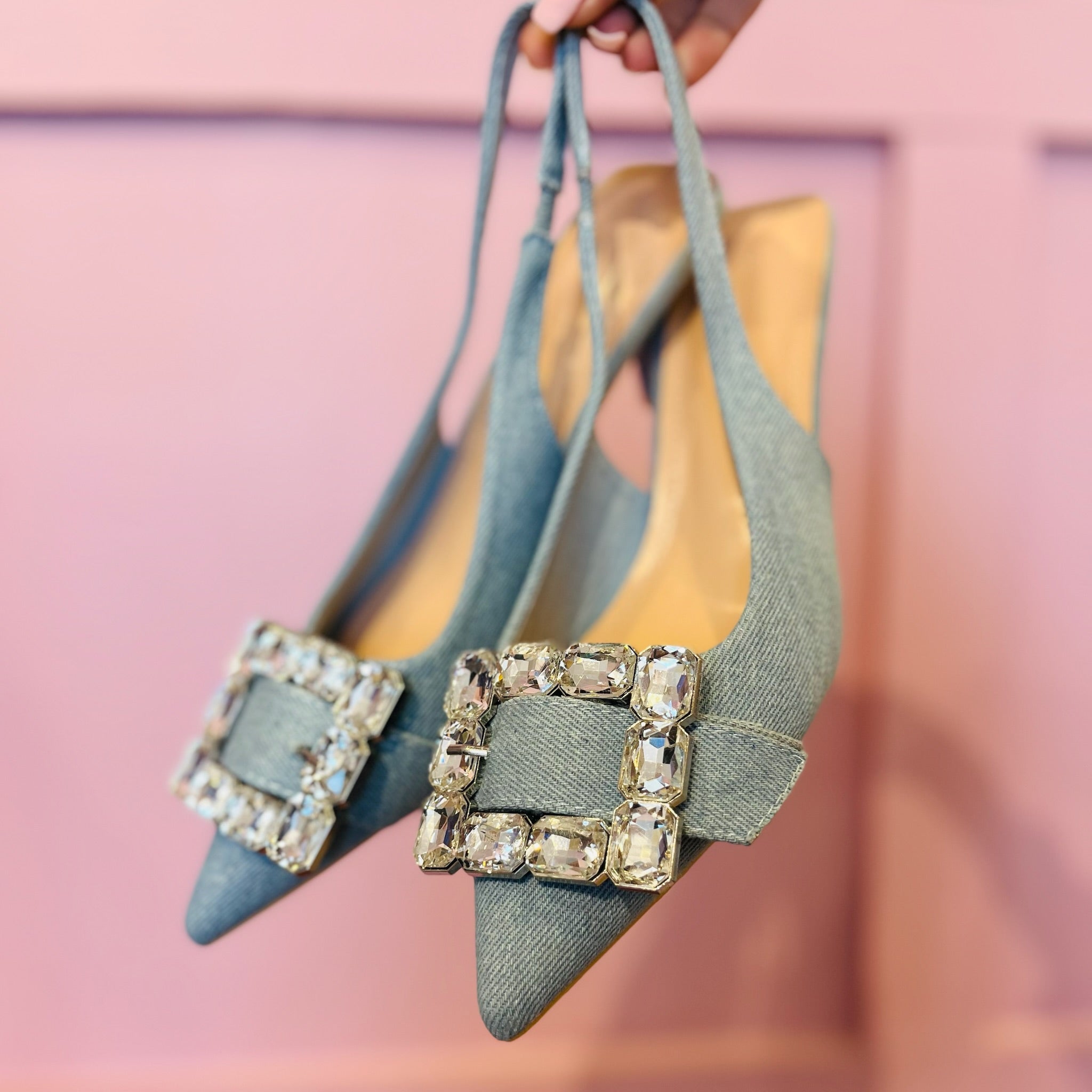 Denim Slingback Heel, Denim Slingback Heel Mckinney Texas, Denim Slingback Heels Karadise, Denim Slingback Heels Karadise Boutique, Silver Rhinestone Detailing, Silver Rhinestone Denim Slingback Heel, Formal Heels, Everyday Heels