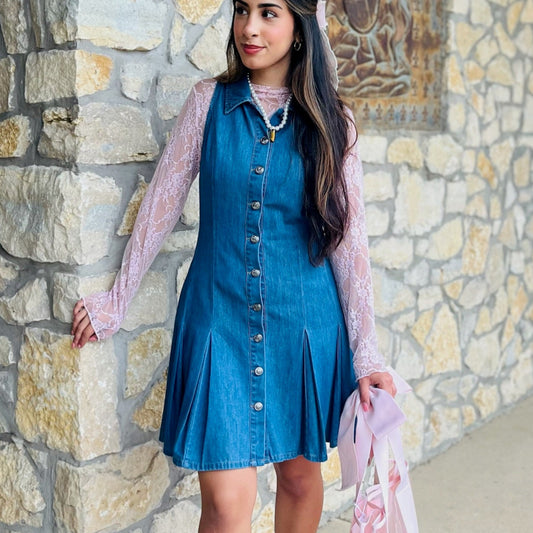 denim mini dress, pleated denim dress, button down denim dress, collared denim mini, washed denim dress, mini dress with pleats, fitted waist denim dress, sporty denim dress, casual jean dress, short denim dress, summer denim dress, fall denim dress, cute denim mini, structured denim dress, flattering denim dress, button front mini dress, cotton denim dress, inverted pleat dress, year-round denim dress, trendy denim dress