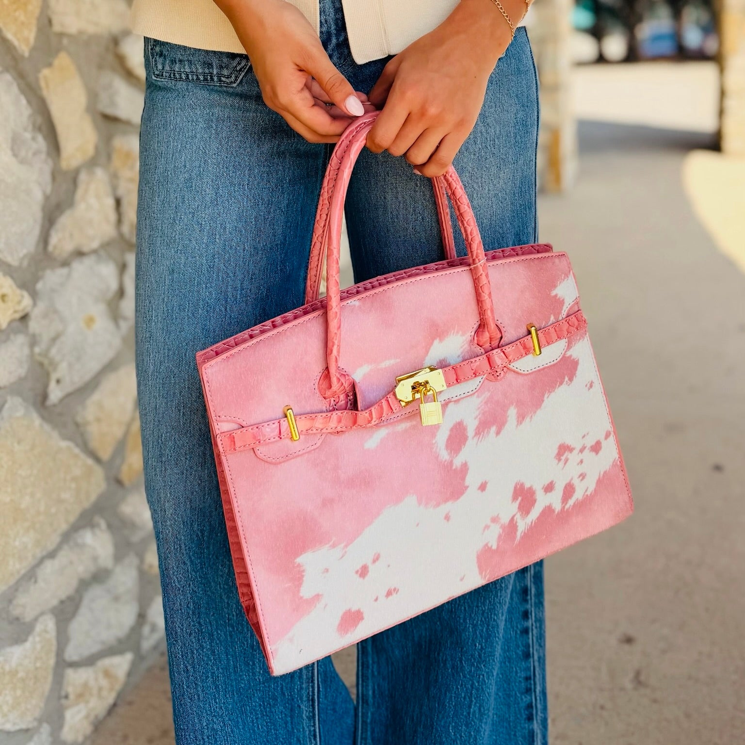 Ranch Rose Western Cow Print Handbag Tote Bag
