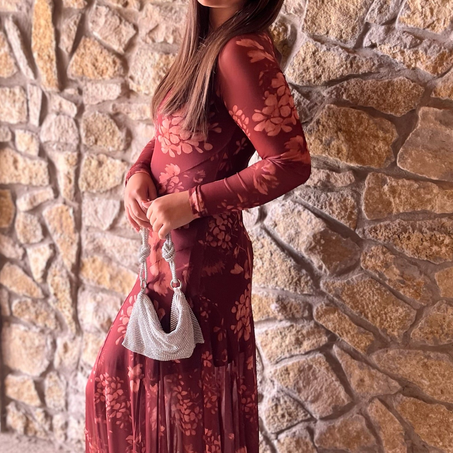 burgundy floral dress, floral mesh dress, romantic fall dress, sheer sleeve dress, mesh midi dress, burgundy mesh dress, moody floral dress, fall wedding guest dress, holiday party dress, long sleeve floral dress, fitted floral dress, flared skirt dress, sheer long sleeve dress, mesh floral midi dress, floral print mesh dress, jewel tone floral dress, asymmetrical paneled dress, round neck floral dress, fall floral mesh dress, winter floral dress, romantic midi dress, chic burgundy dress, layered mesh dress