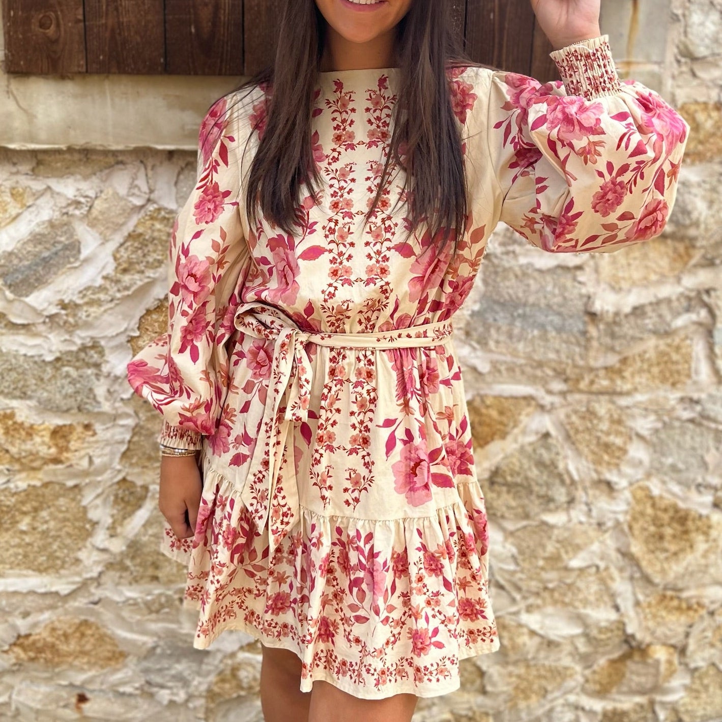 floral mini dress, fall floral dress, long sleeve mini dress, smocked cuff dress, self tie waist dress, ruffle hem dress, feminine fall outfit, woven floral dress, lightweight mini dress, transitional fall dress, boutique floral dress, casual day dress, brunch outfit dress, fall layering dress, floral print mini, romantic fall style, cute fall dress, city stroll outfit, trendy boutique dress