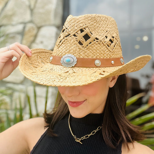 cowboy hat, woven straw hat, western hat, straw cowboy hat, country concert hat, summer hat, boat day hat, wide brim hat, ventilated straw hat, lightweight cowboy hat, durable straw hat, leather brim hat, sun protection hat, western style accessory, casual outdoor hat, country style hat, rancher hat, trendy cowboy hat, festival hat, everyday western hat