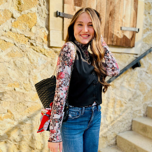 floral print top, fall florals, fall floral top, black floral top, black floral mock neck top, high neck top, ruffled cuff top, fall photos, layering top, fall top, concert top, country concert top, top with thumbholes, thumbhole sleeves top, black floral print top, semi sheer top