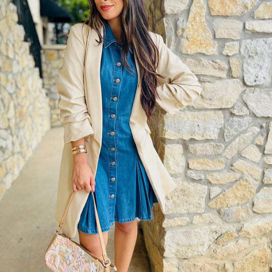 denim mini dress, pleated denim dress, button down denim dress, collared denim mini, washed denim dress, mini dress with pleats, fitted waist denim dress, sporty denim dress, casual jean dress, short denim dress, summer denim dress, fall denim dress, cute denim mini, structured denim dress, flattering denim dress, button front mini dress, cotton denim dress, inverted pleat dress, year-round denim dress, trendy denim dress