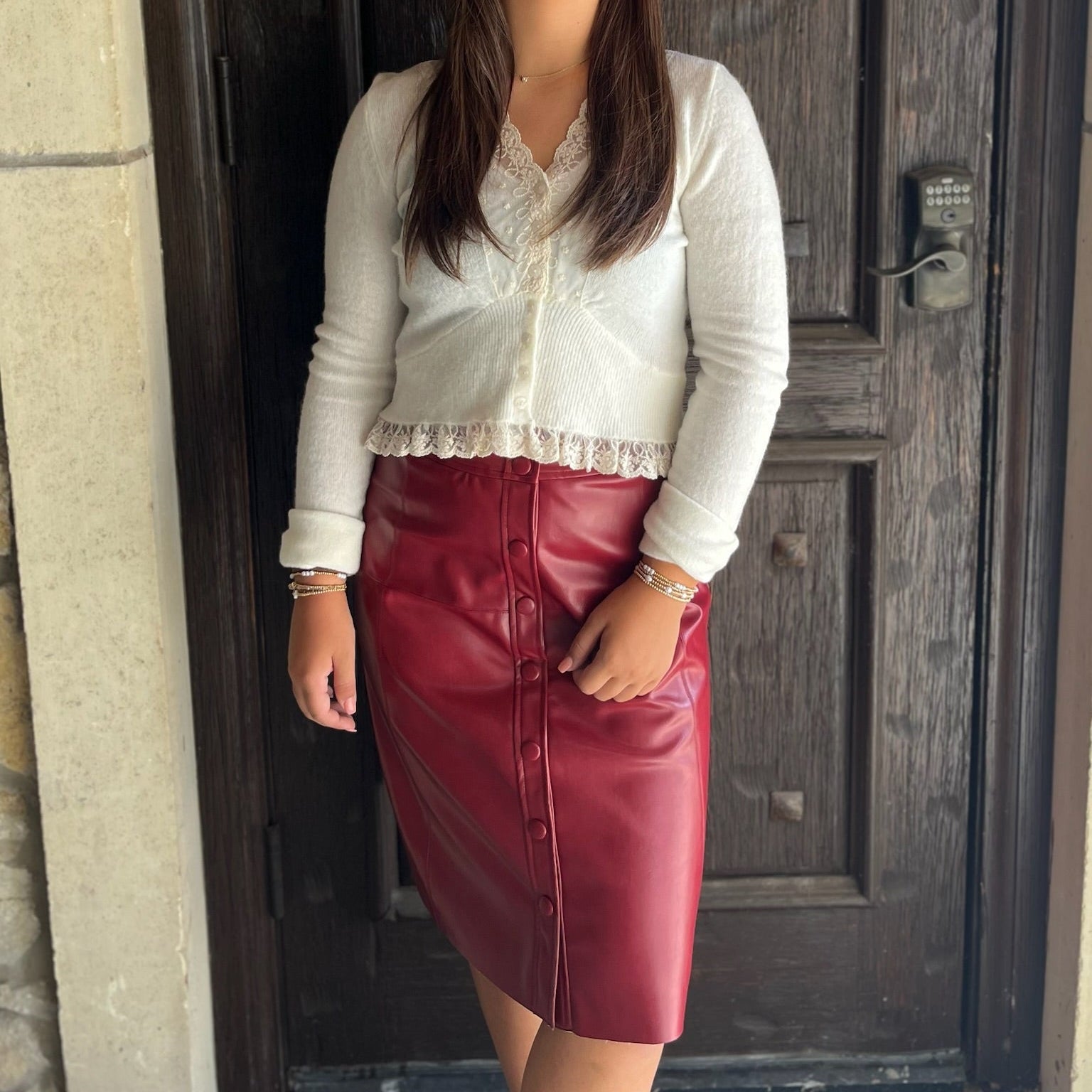 cream knit top, lace contrast top, button down cardigan, feminine sweater top, ruffle hem top, V neck knit top, cream lace cardigan, flirty knit blouse, romantic sweater, cozy chic top, boutique knitwear, girly lace top, soft neutral sweater, brunch outfit top, coffee date outfit, fall layering piece, sweet feminine style, long sleeve knit top, trendy boutique top