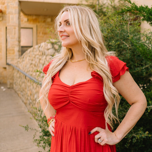 red maxi dress, summer to fall dress, texas boutique dress, elegant red dress, tiered maxi dress, cinched front dress, woven maxi, layered sleeve dress, statement red dress, dressy red maxi, fall transition outfit, wedding guest dress, date night maxi, boutique red dress, flowy red dress, feminine maxi dress, ankle length red dress, trendy boutique maxi, lightweight fall dress