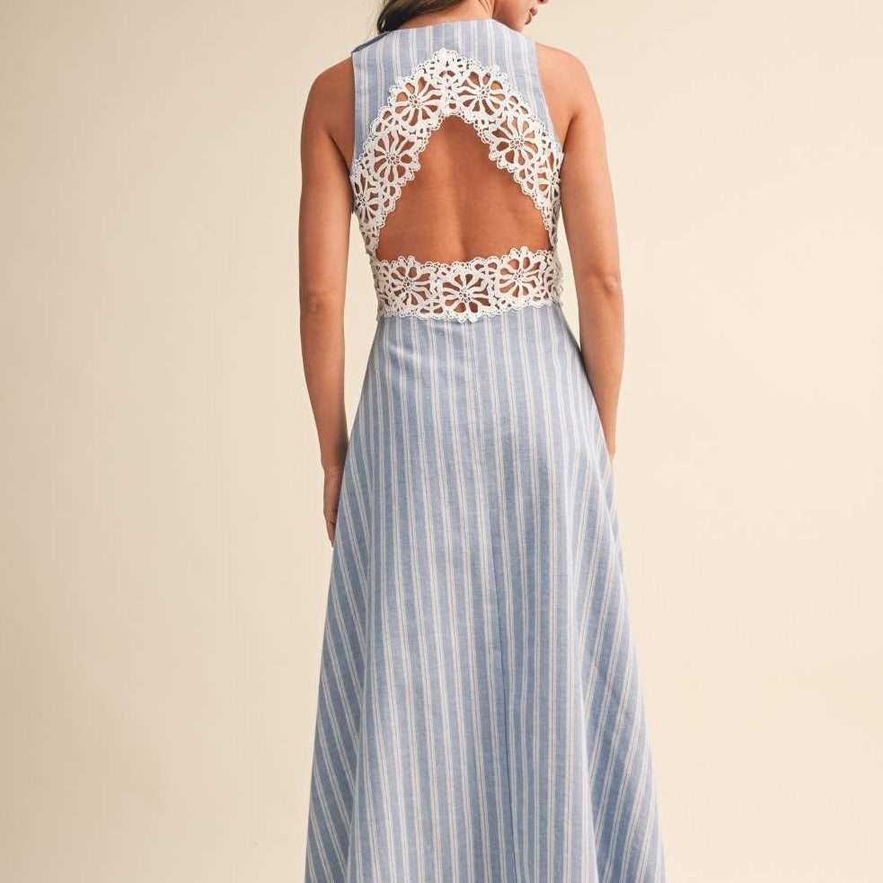Graceful Romance Striped Lace Trim Open Back Midi Dress