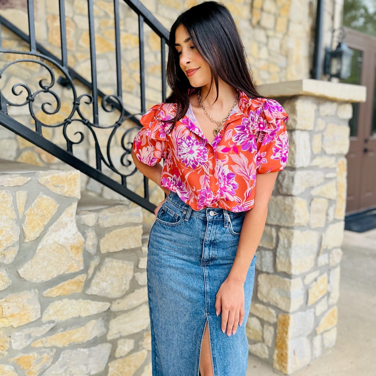 ruffle print top, multicolor blouse, feminine printed top, high neck blouse, button down ruffle top, woven short sleeve top, colorful patterned blouse, timeless printed blouse, chic ruffle sleeve top, classic feminine top, vibrant print blouse, summer to fall top, dressy casual blouse, statement print top, lightweight woven blouse, stylish multicolor top, trendy ruffle blouse, polished printed top, playful pattern blouse, versatile dressy top
