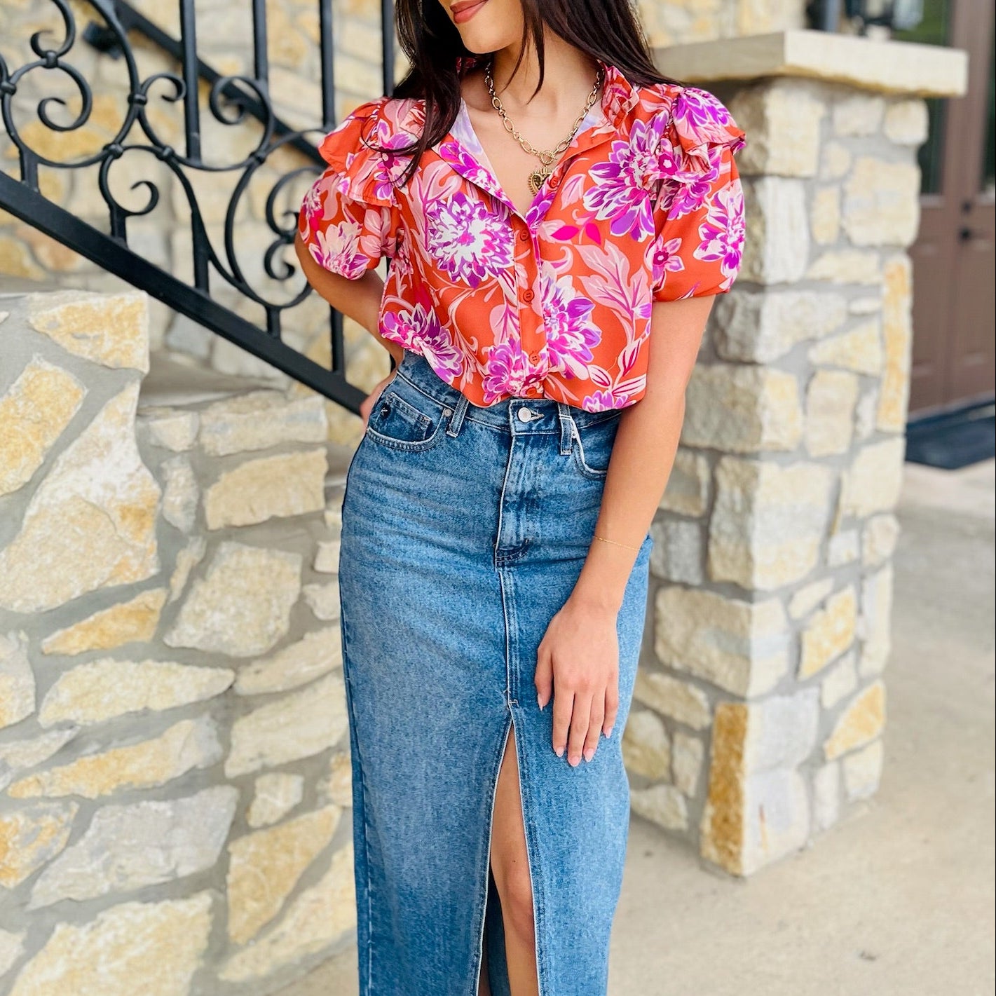 denim midi skirt, kancan denim skirt, medium wash denim skirt, jean midi skirt, button and zip denim skirt, center slit skirt, fall denim skirt, classic jean skirt, rigid denim skirt, casual to chic outfit, timeless denim piece, versatile midi skirt, no stretch denim, everyday denim skirt, closet staple skirt, long jean skirt, stylish denim bottom, blue denim midi, all season denim skirt, high quality kancan skirt