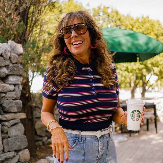 navy striped polo sweater, striped knit polo, short sleeve polo sweater, collared knit top, button down striped sweater, fall polo sweater, preppy striped sweater, transitional fall knit, soft knit polo top, lightweight wool sweater, game day sweater, casual striped top, classic navy sweater, short sleeve collared sweater, navy button sweater, polo style knitwear, chic fall layering piece, cropped look polo sweater, not cropped polo top, timeless striped sweater, wool blend polo sweater